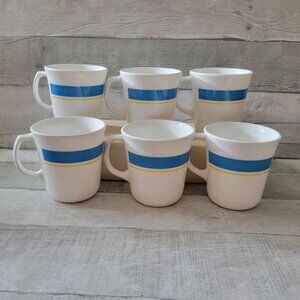 Set Of 6 Corning USA Harley White Mugs With Blue & Yellow Stripes